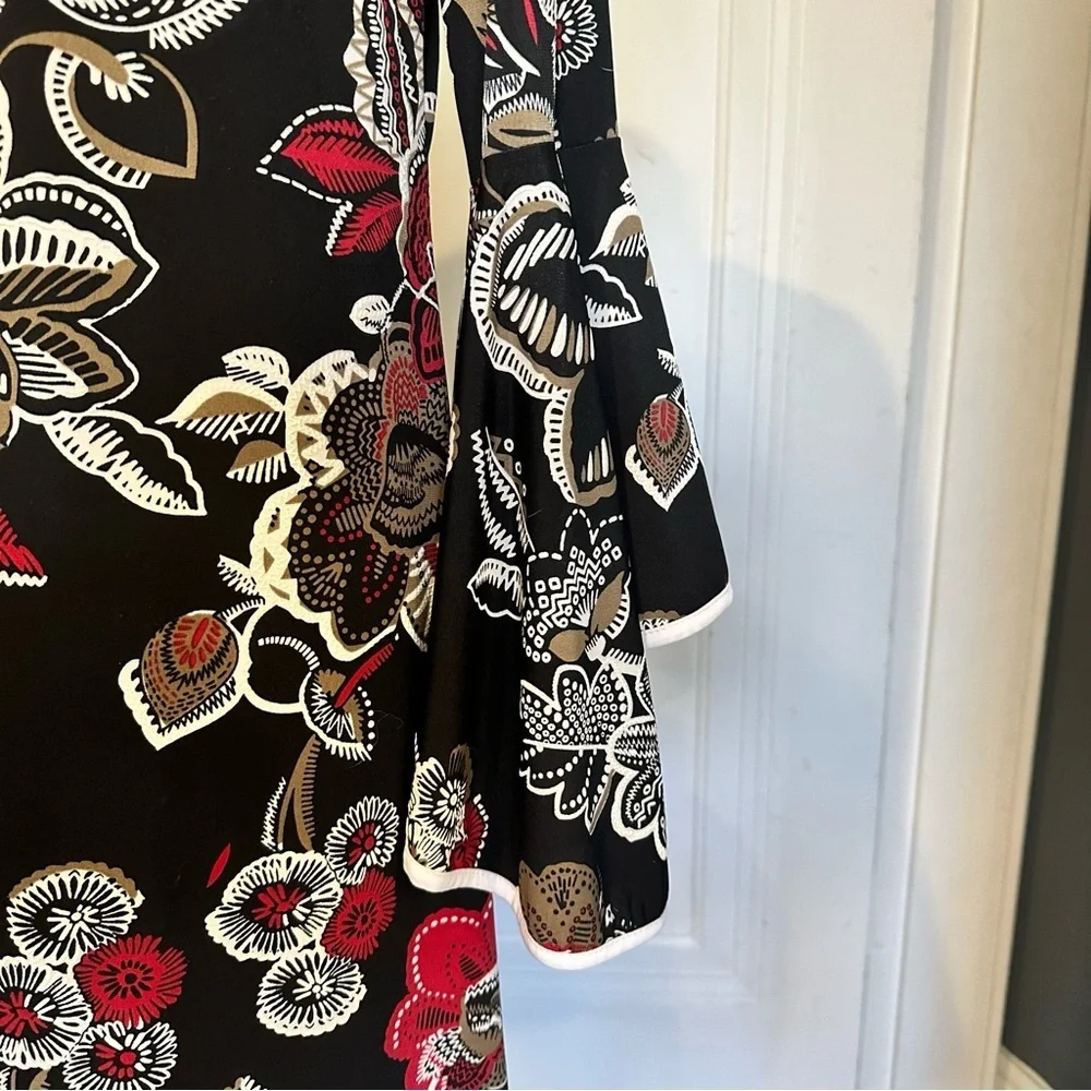MSK Black Floral Midi Dress with Red and Cream Accents